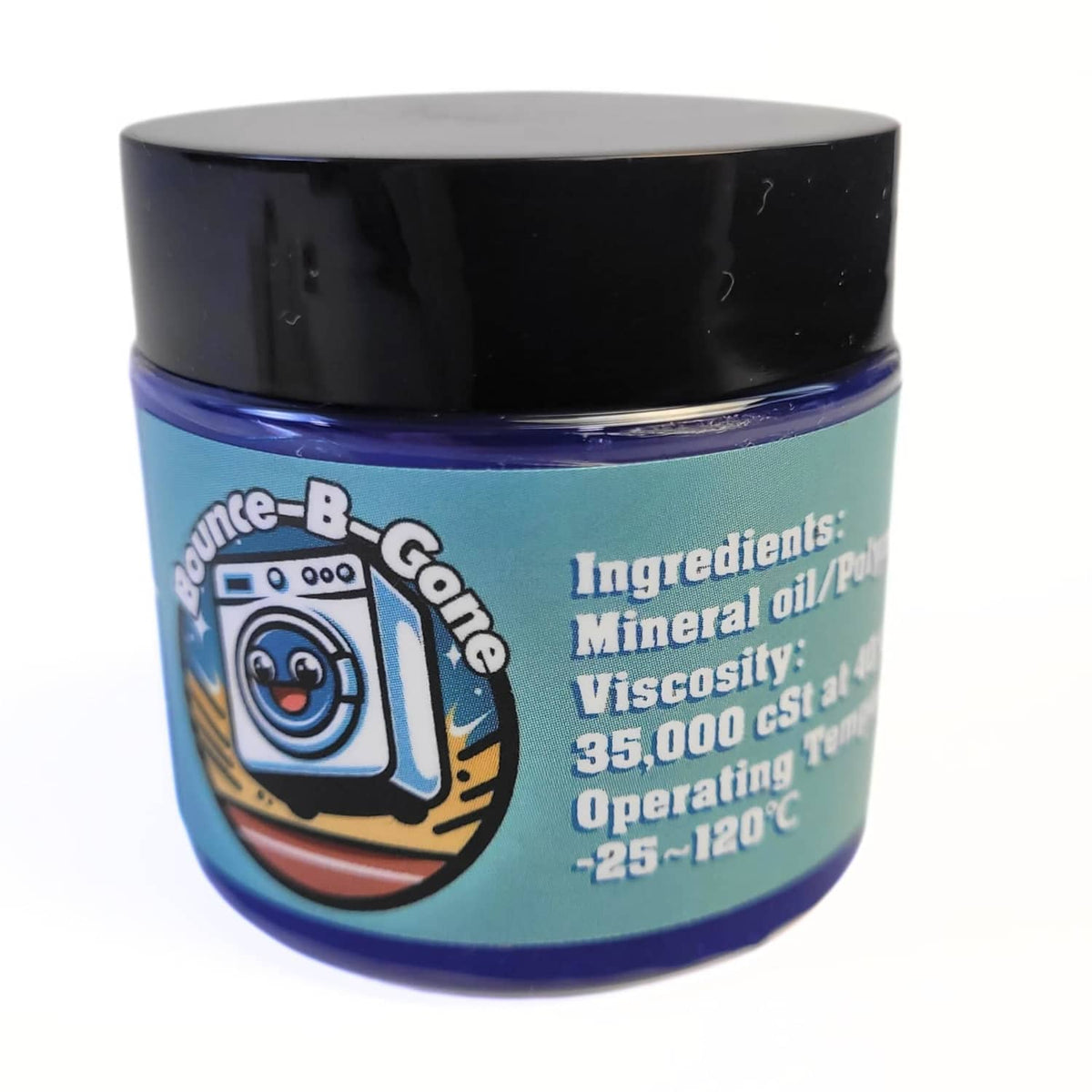 Washing machine suspension grease jar with black lid and teal label, 50 ml