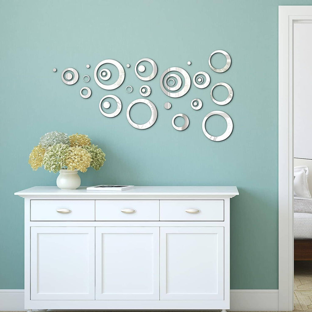 Reflective silver round wall sticker decals in layered ring and dot shapes