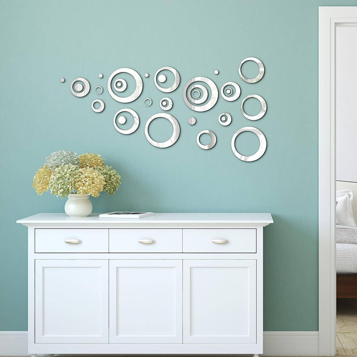 Reflective silver round wall sticker decals in layered ring and dot shapes