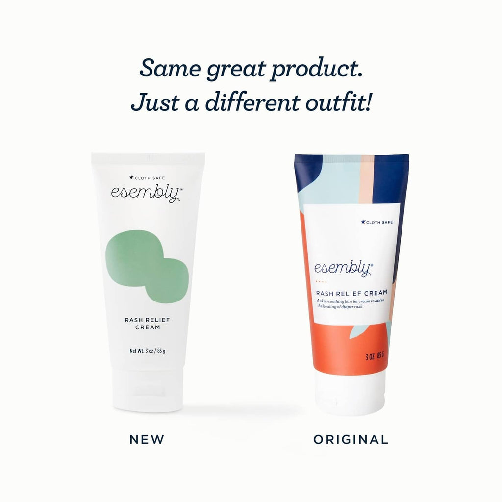 Two Esembly rash relief cream tubes, white packaging with green or orange accents