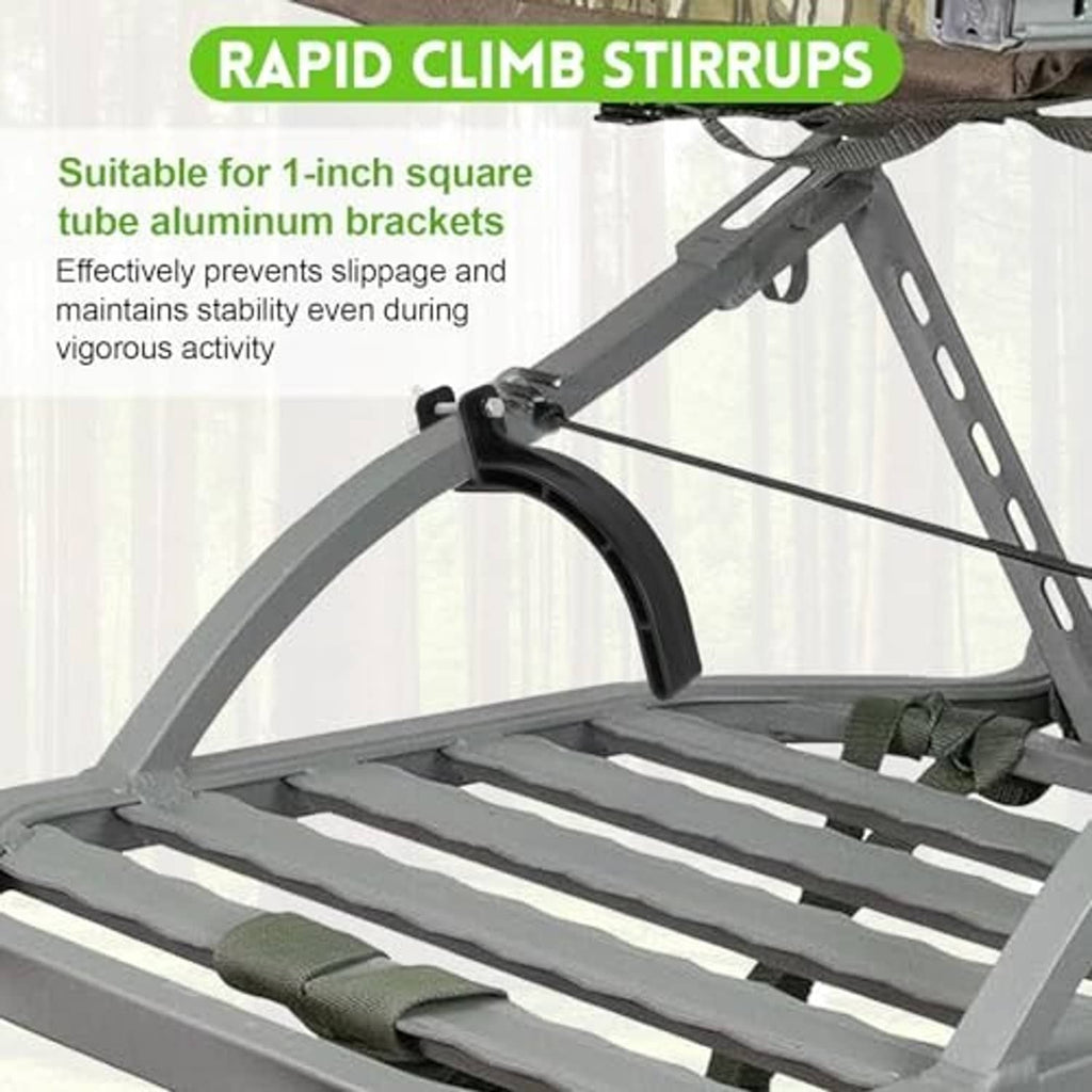 Climbing tree stand stirrup installed on a gray platform frame with black grooved loop