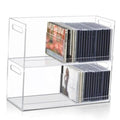 Clear acrylic CD storage box with stackable shelves and cut-out handles, holds CDs upright