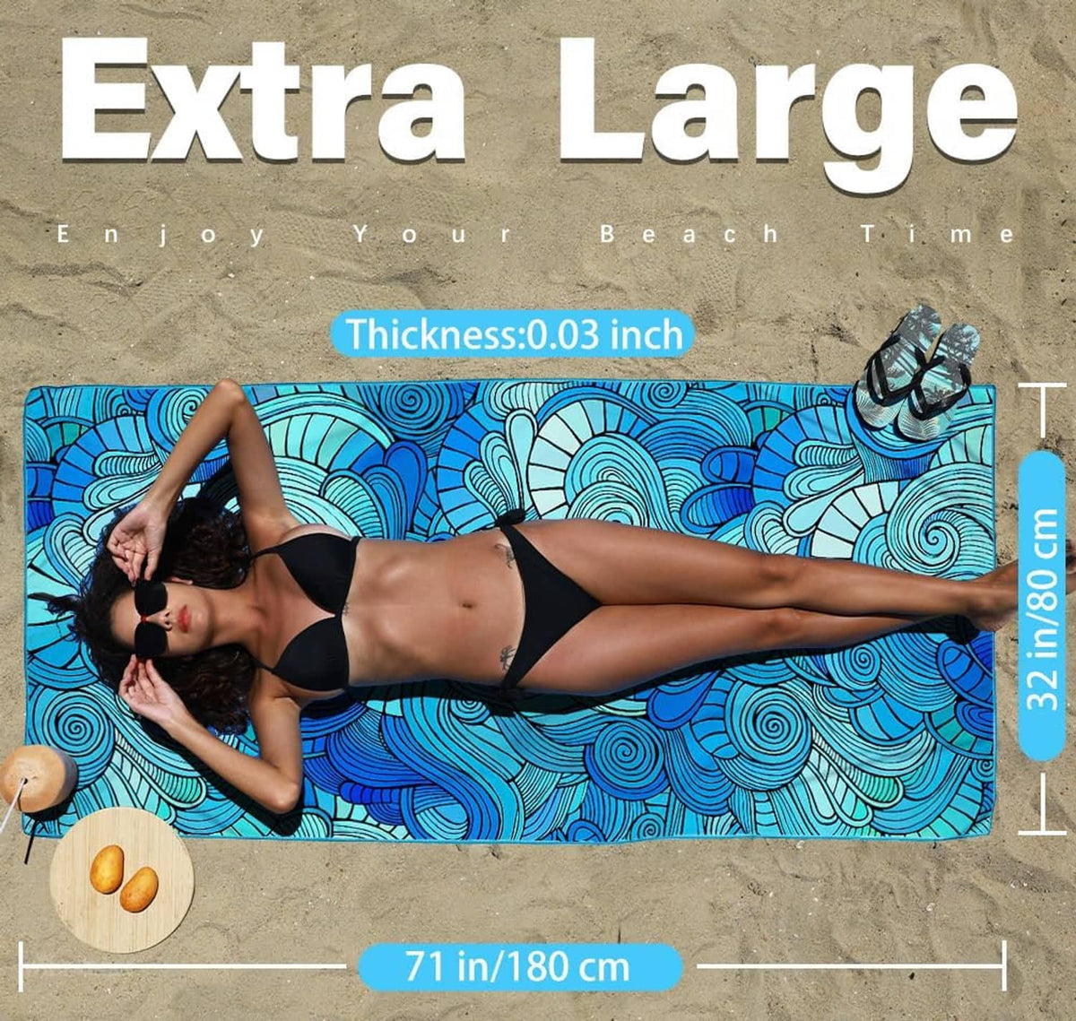 Rectangular blue swirl-pattern beach towel laid flat, compact microfiber for beach use