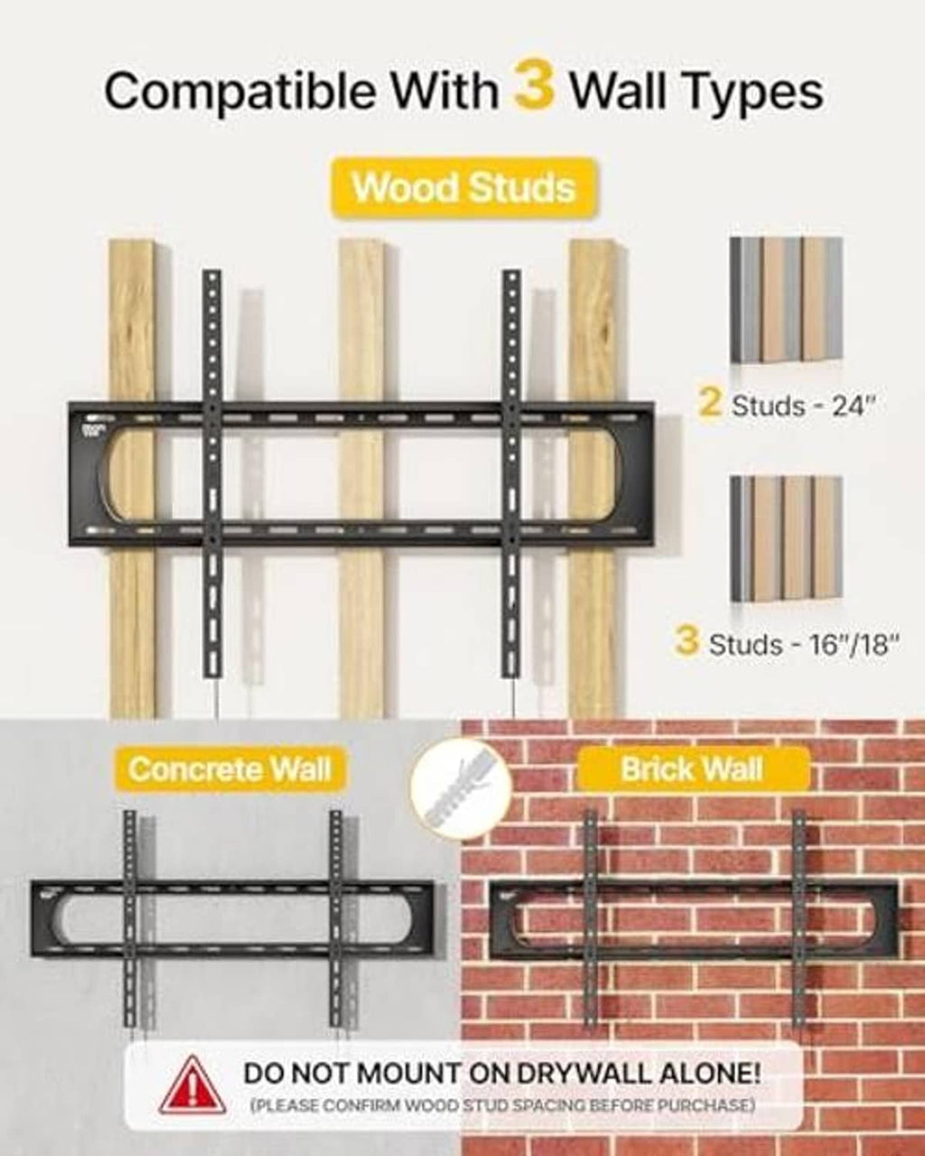 Fixed TV wall mount bracket for wood studs, concrete, and brick wall mounting