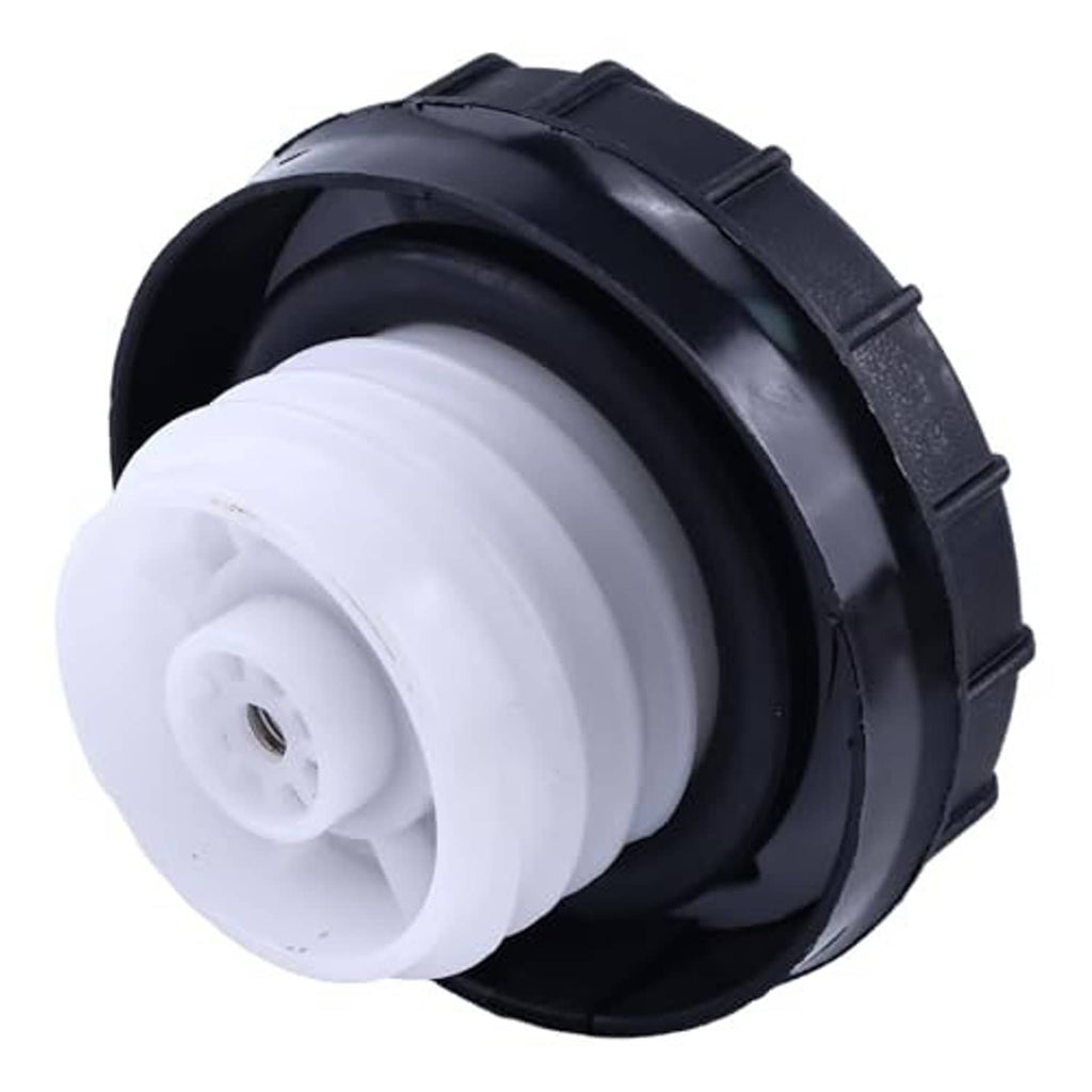 Fuel tank gas cap with black housing and white threaded insert