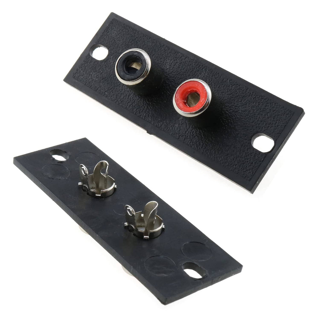 Black RCA wall panel plates with metal RCA posts: one gold-ring and one red-ring port.