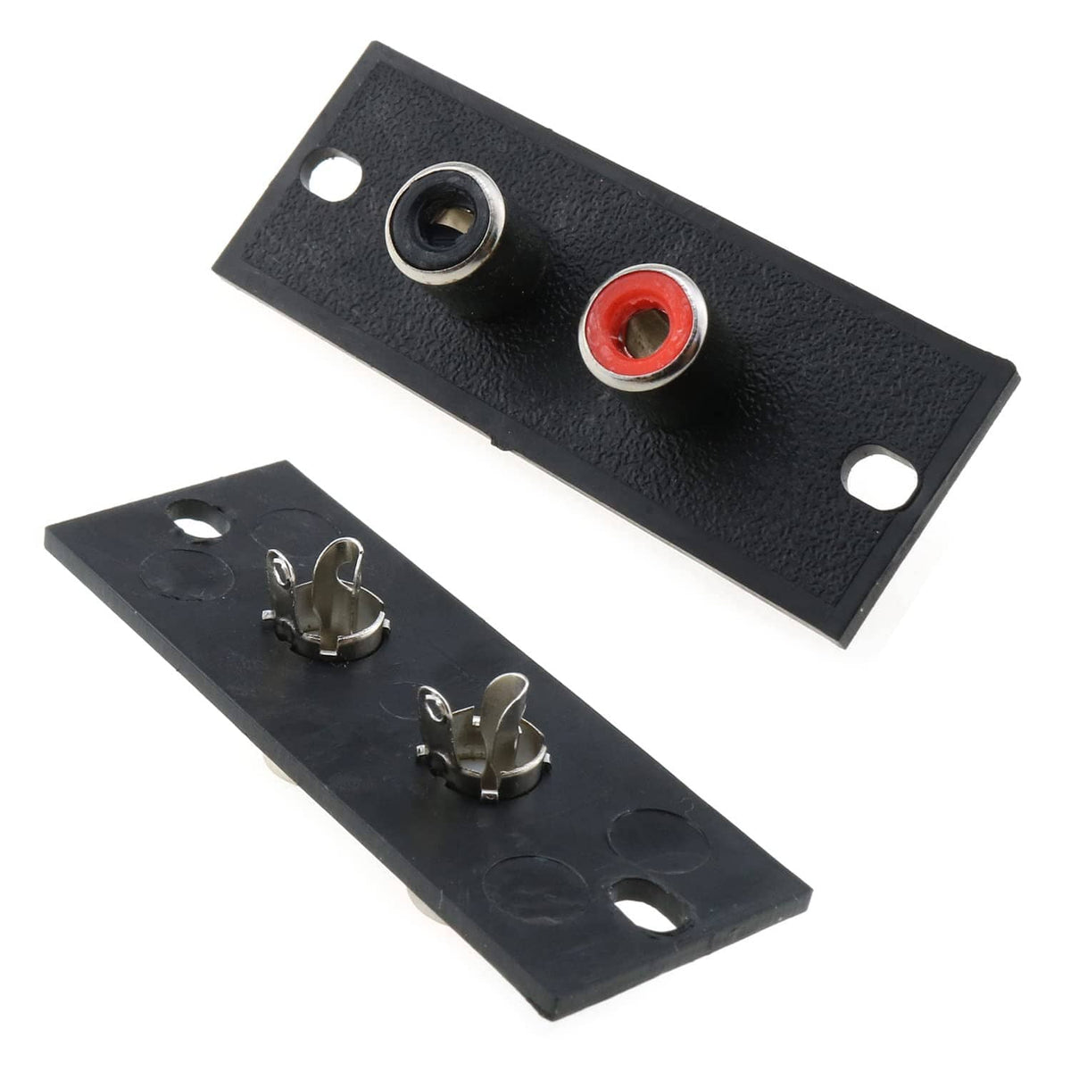 Black RCA wall panel plates with metal RCA posts: one gold-ring and one red-ring port.