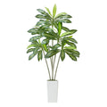 Faux dracaena tree with green striped leaves in a white pot
