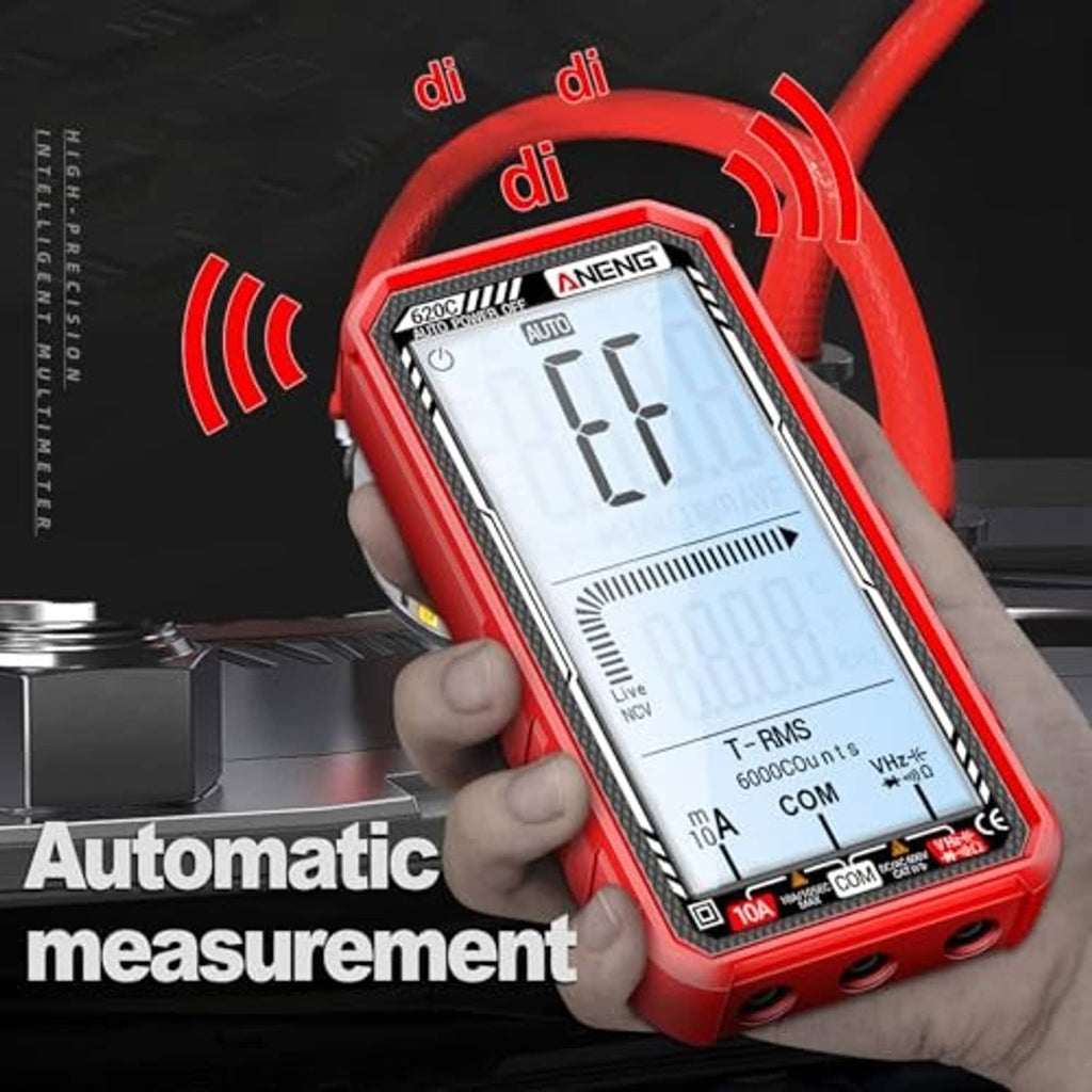 Handheld red digital multimeter tester with LCD reading and auto measurement icons