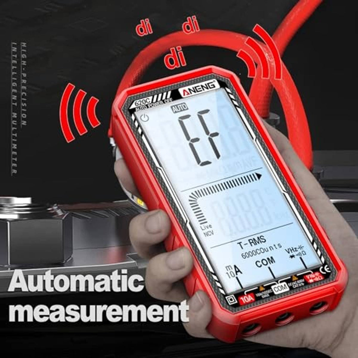 Handheld red digital multimeter tester with LCD reading and auto measurement icons