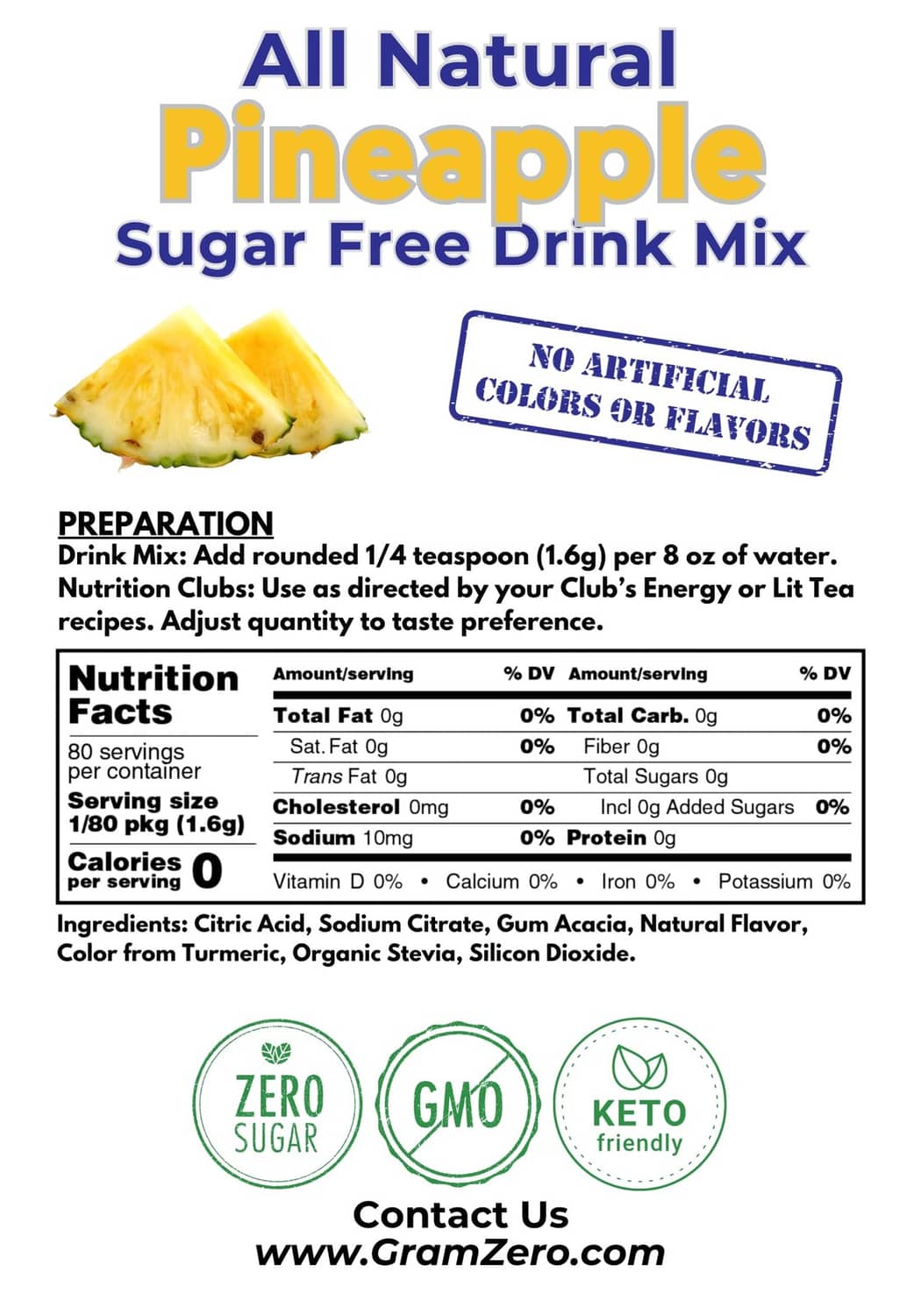 GramZero Pineapple sugar-free drink mix back panel with preparation and nutrition facts