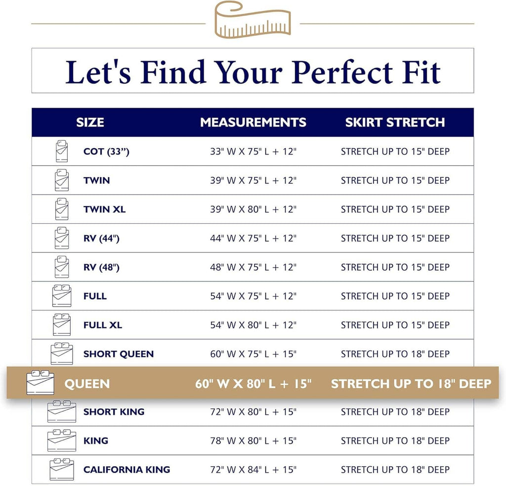 Queen mattress pad size fit chart with skirt stretch depths