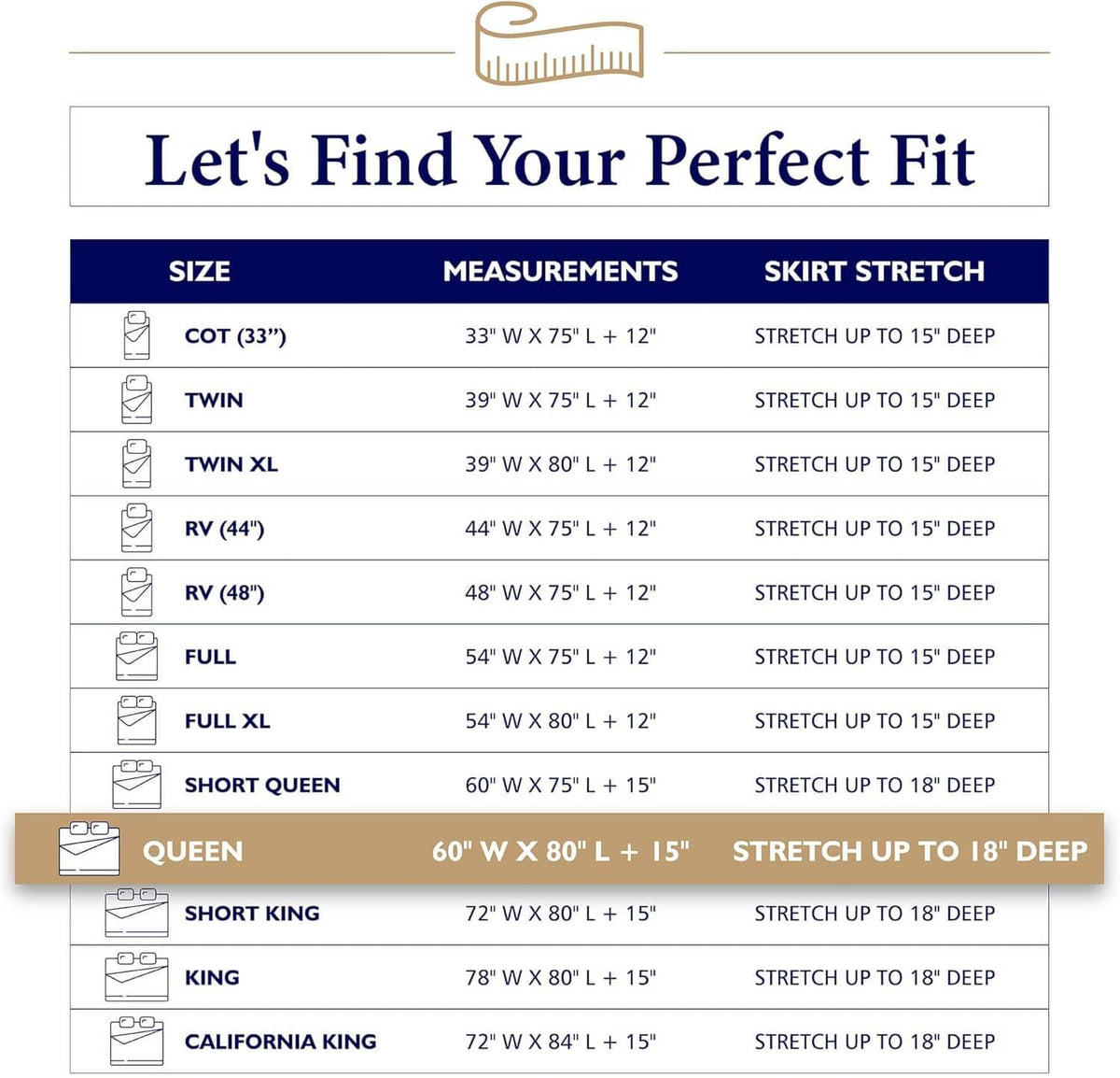 Queen mattress pad size fit chart with skirt stretch depths