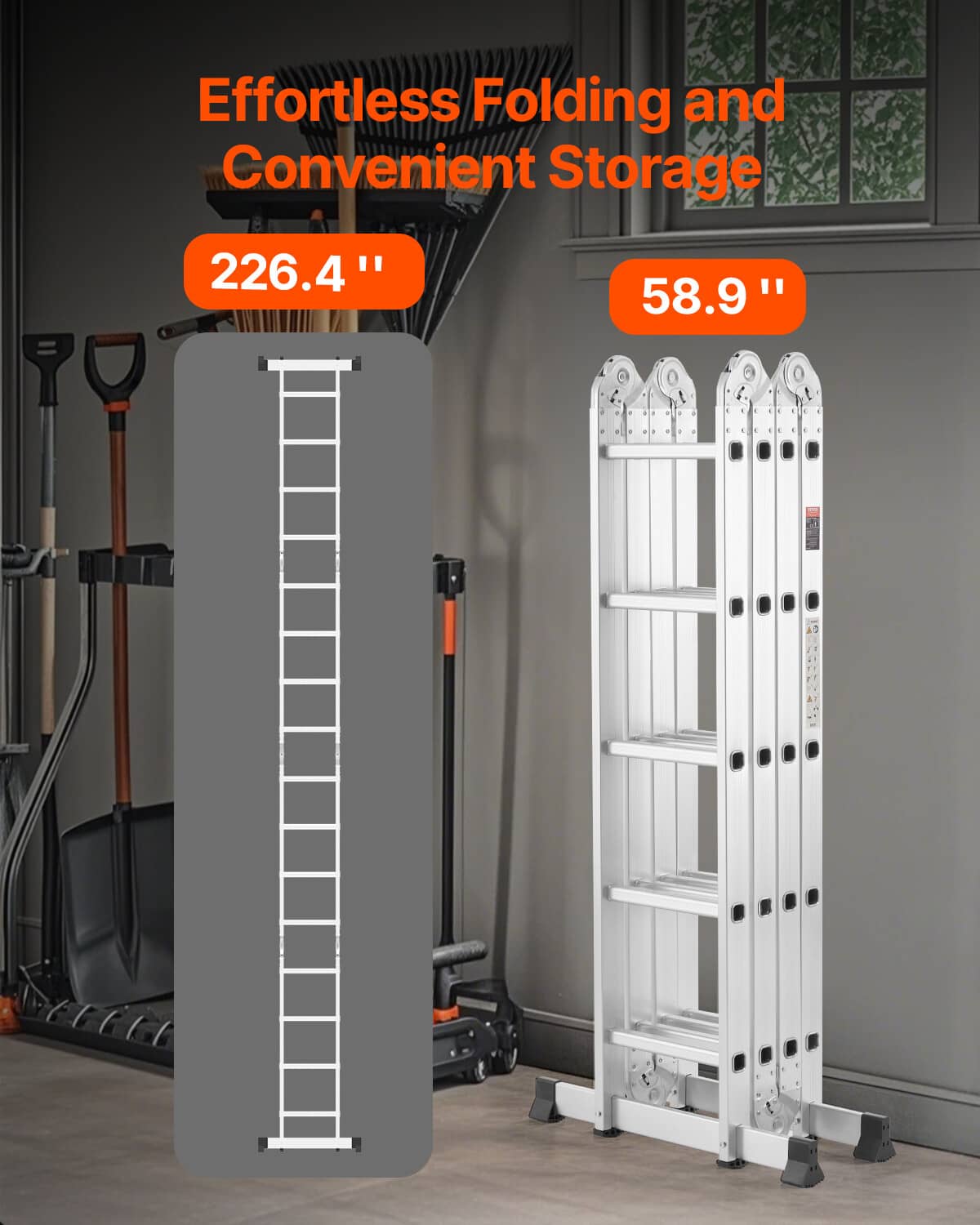 White folding ladder stored upright with tower rails and gray anti-slip base pads.