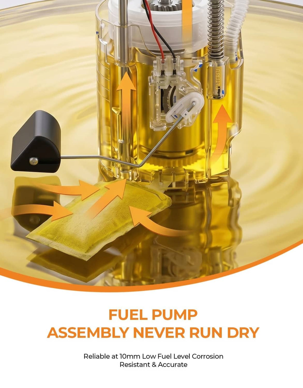 Fuel pump assembly interior with gold-toned reservoir and black pickup float illustration
