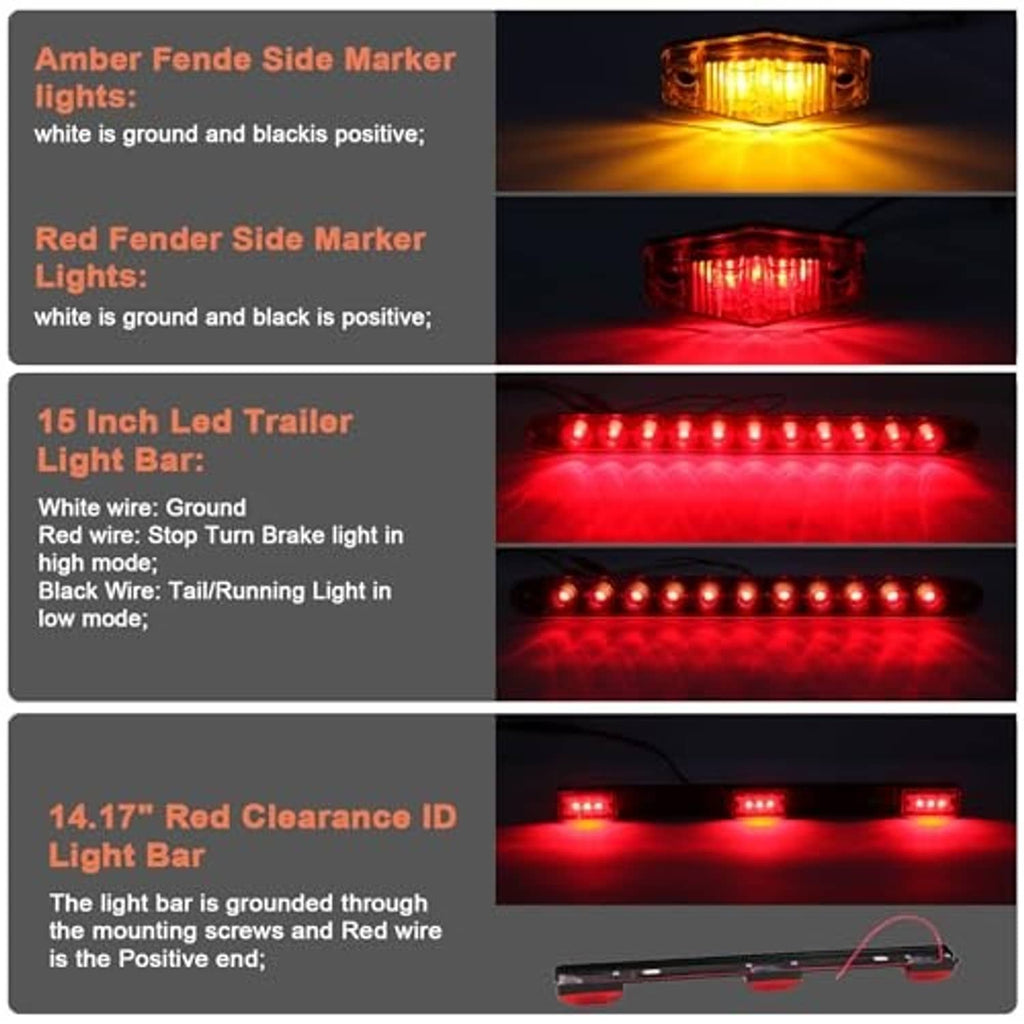 Amber and red LED fender side marker lights with illuminated lenses for trailer