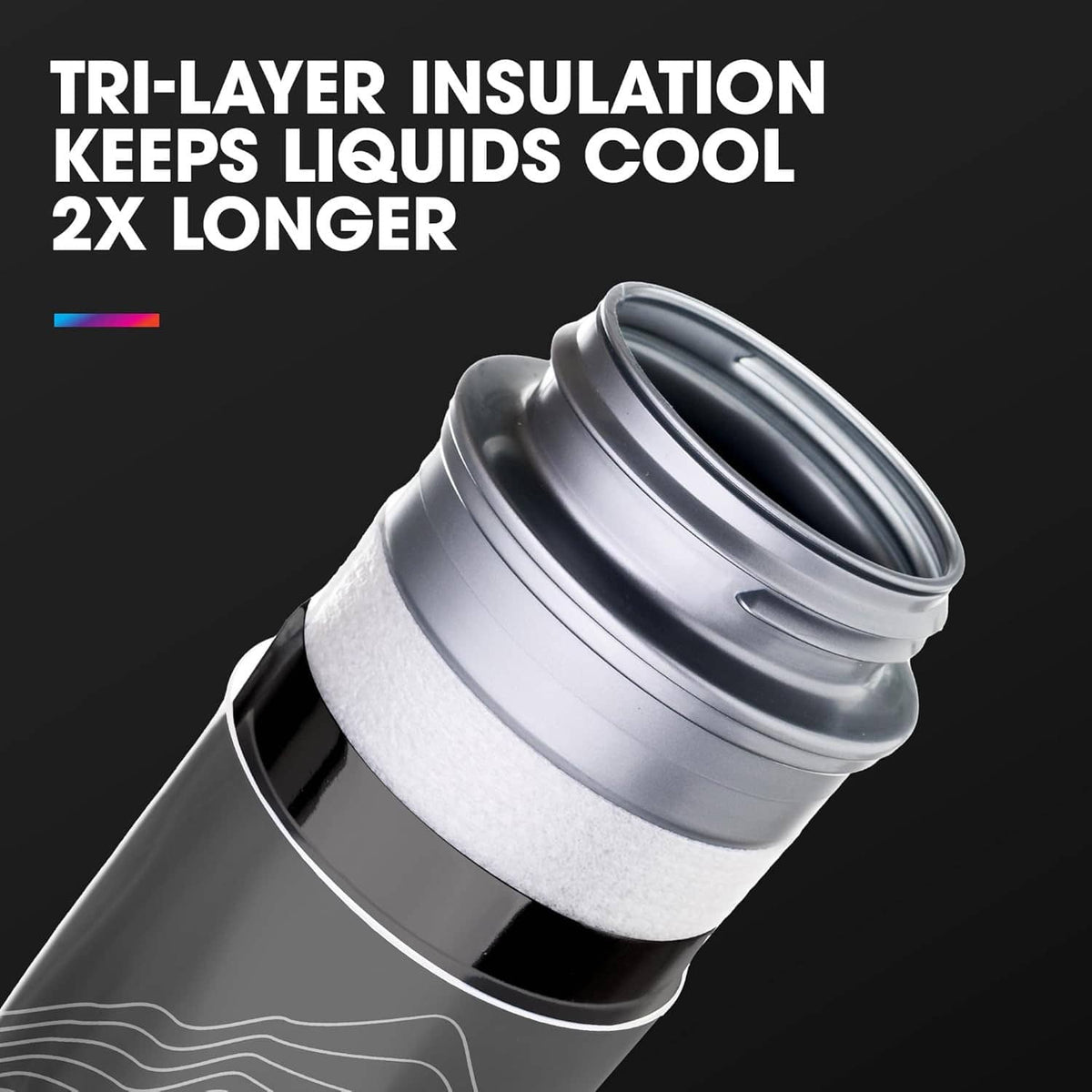 Silver insulated water bottle with wide opening and gray insulation rim