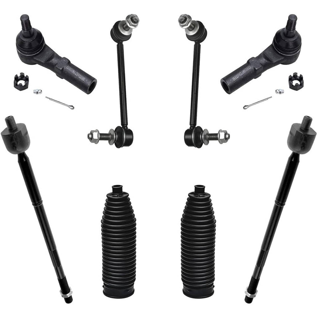 Front suspension link kit with steering tie rods, rubber boots, and mounting hardware