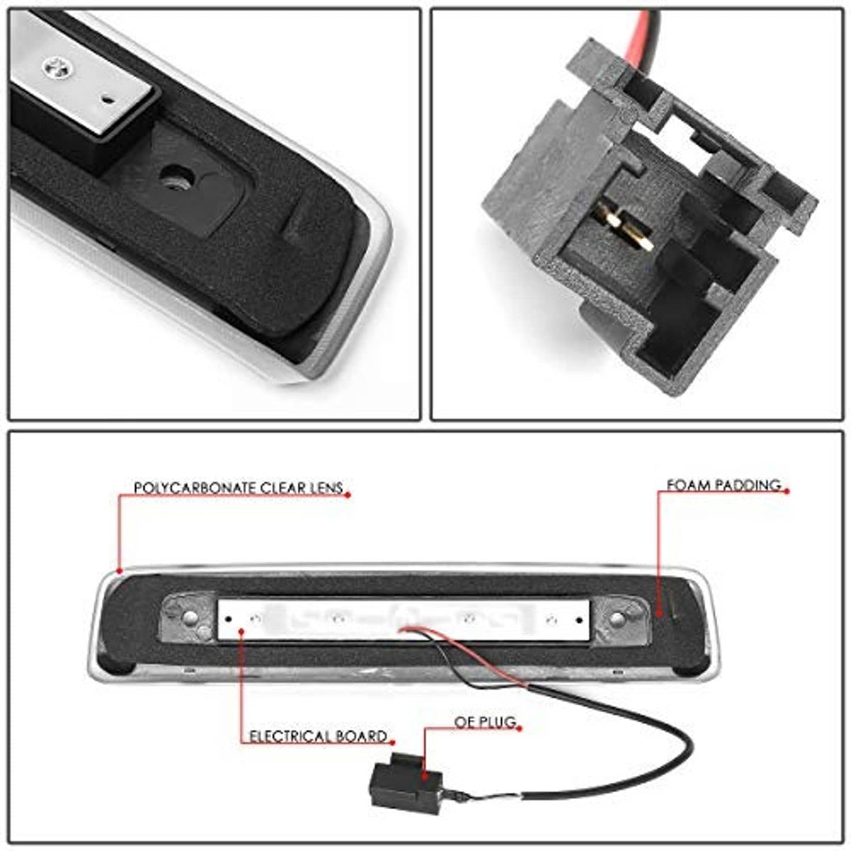 LED third brake light housing with wiring connector, foam padding, and electronic board