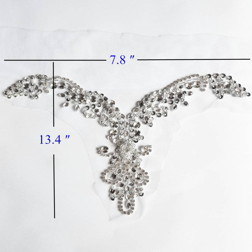 Beaded crystal V-neck trim with scalloped curves and ornate hanging centerpiece