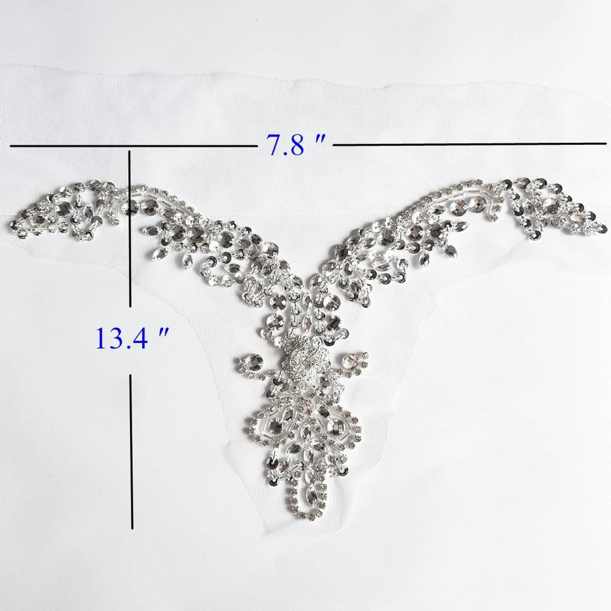 Beaded crystal V-neck trim with scalloped curves and ornate hanging centerpiece