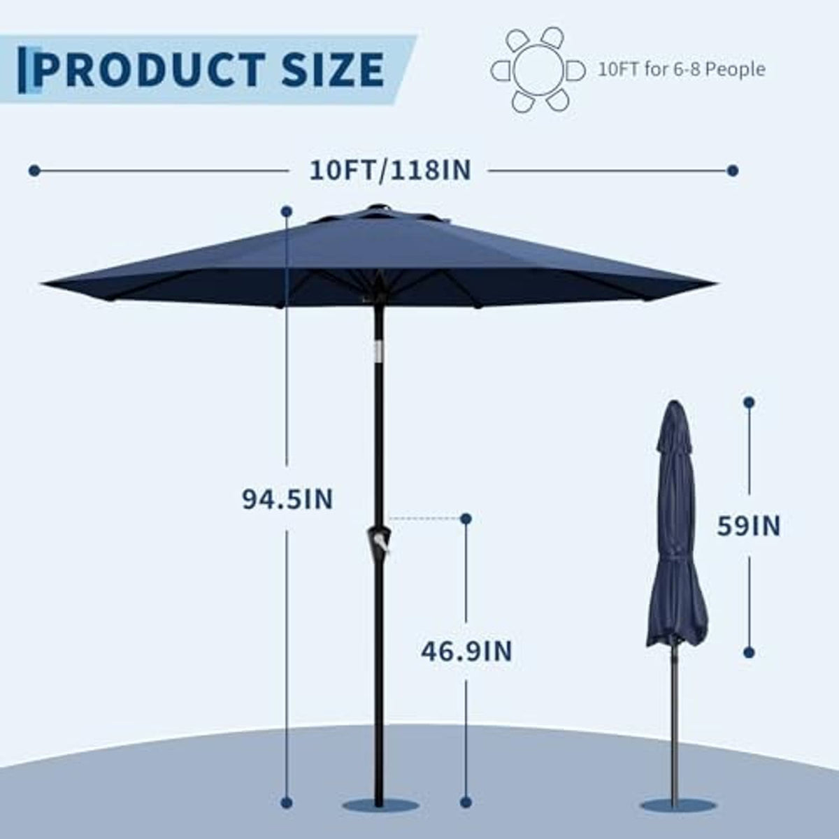 10ft outdoor patio umbrella with navy canopy and tall black support pole