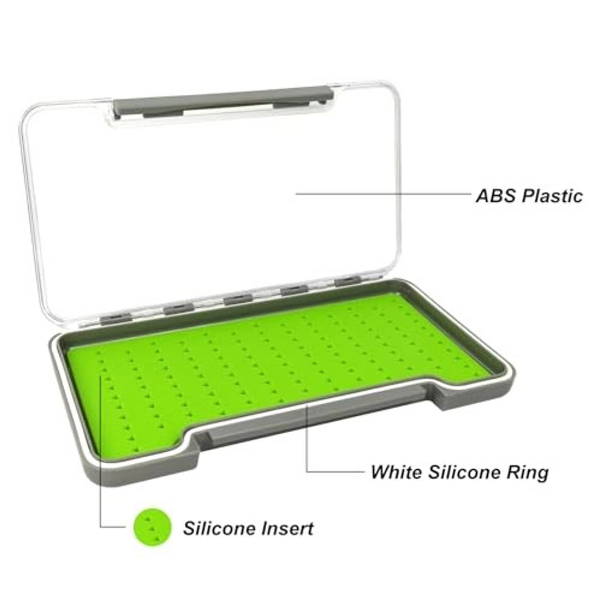 ABS plastic fly fishing tray with green silicone insert, white silicone ring, open lid