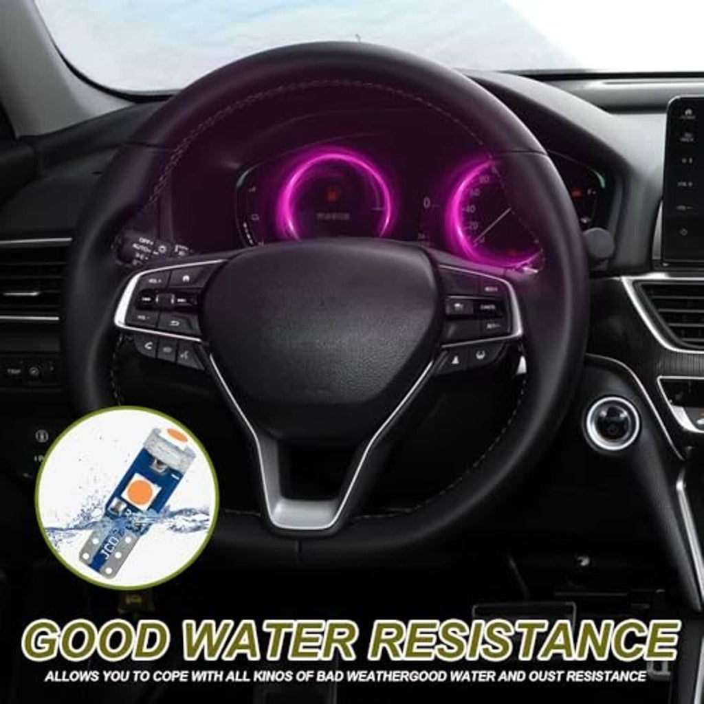 Car interior dashboard with pink/purple glowing instrument cluster and controls