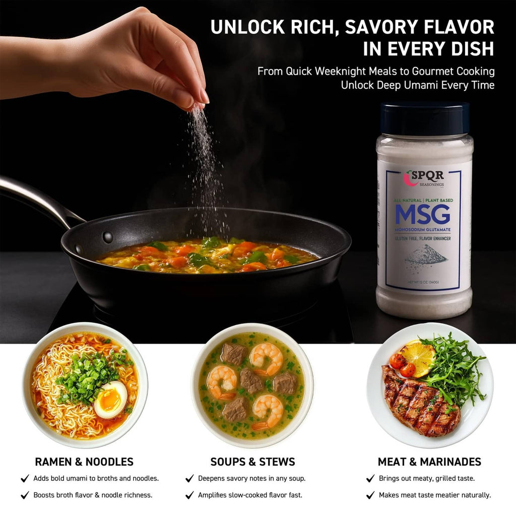 Plant-based MSG seasoning jar beside ramen noodles, soup, and meat & marinade bowls.