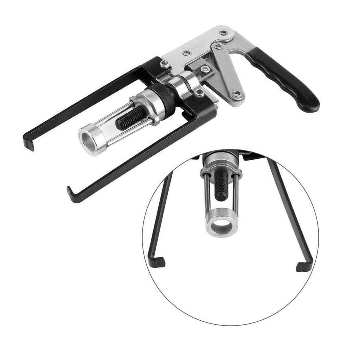 Valve spring compressor tool with wide base legs and central threaded plunger