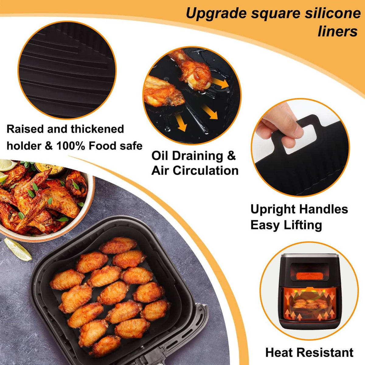 Black square silicone air fryer liner with raised ridges, upright handles, and oil drainage
