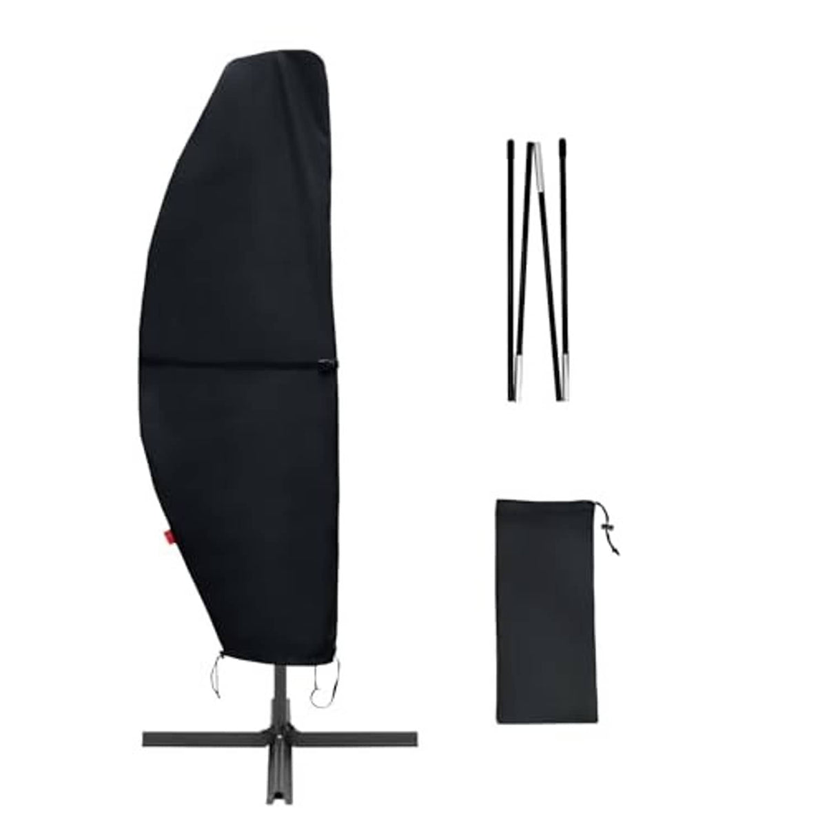 Black offset umbrella cover with included poles and folded storage pouch