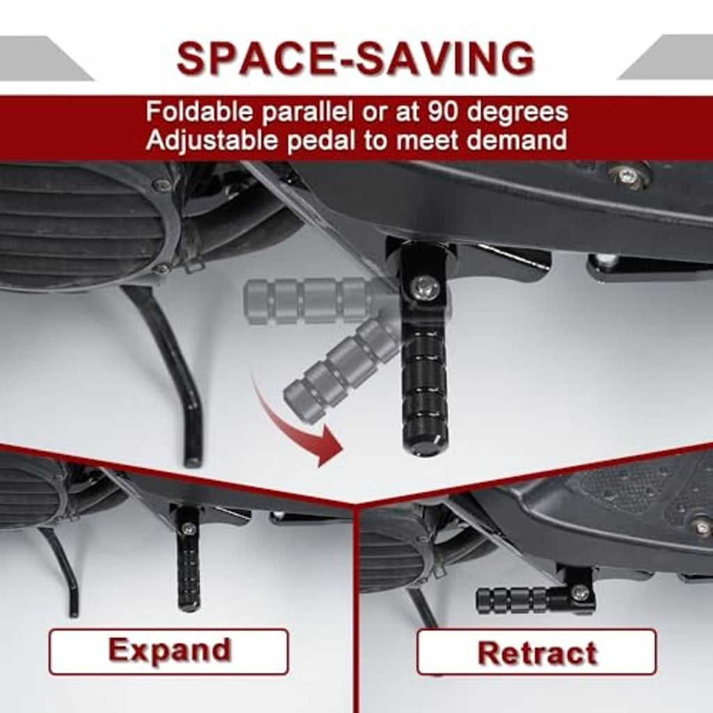 Folding adjustable passenger footrest pedal shown retracted and expanded beneath scooter