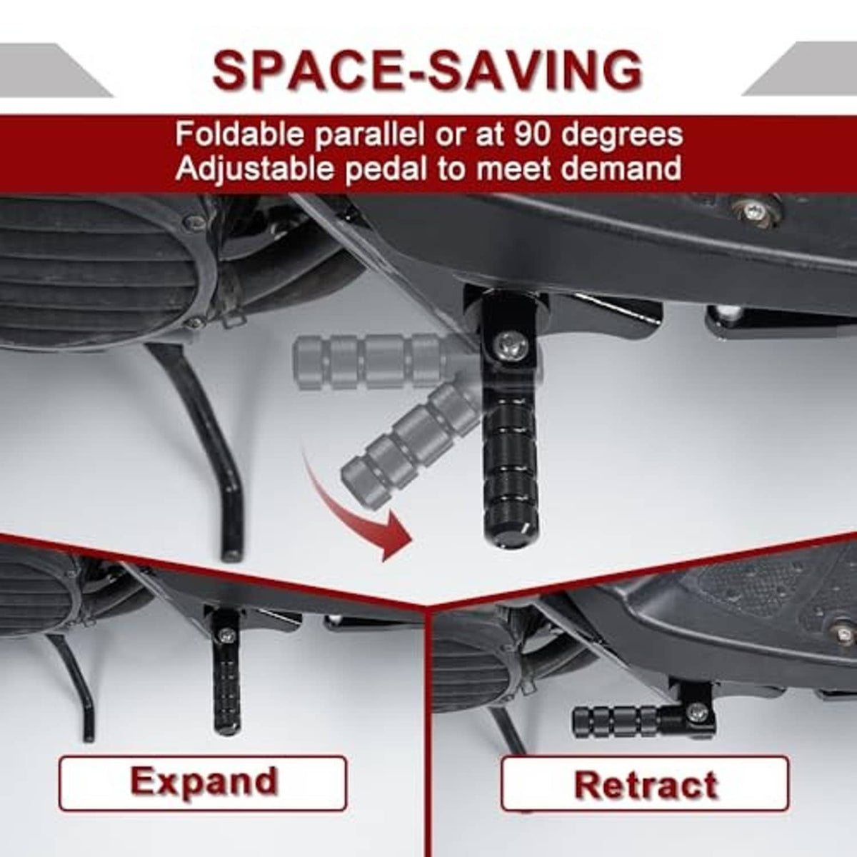 Folding adjustable passenger footrest pedal shown retracted and expanded beneath scooter