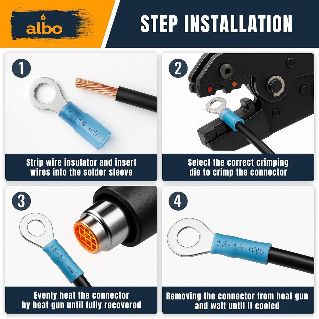 Step installation graphic for heat shrink connector sleeve: strip, insert, heat, cool