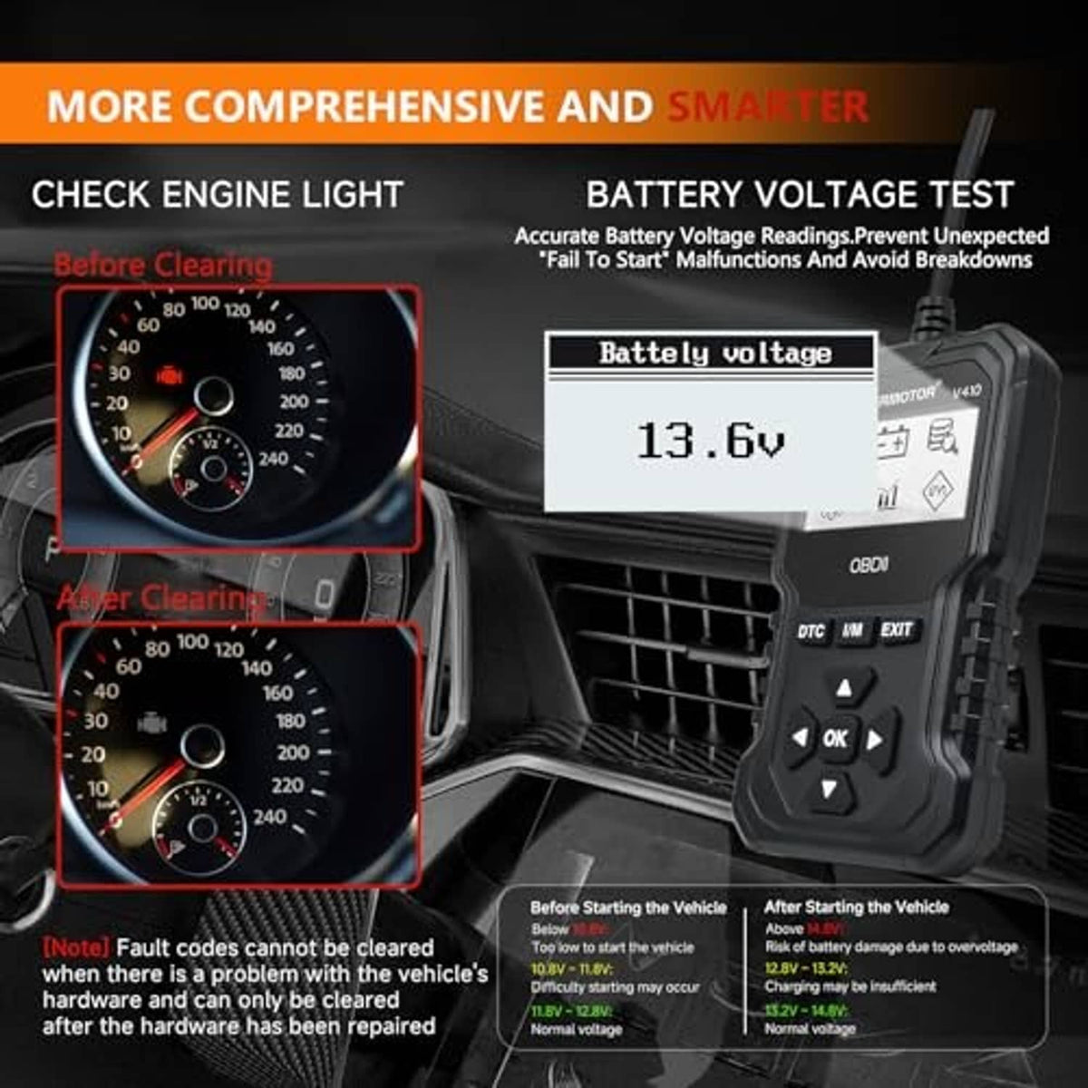 Black OBD2 scanner with control buttons showing check engine light and test graphics