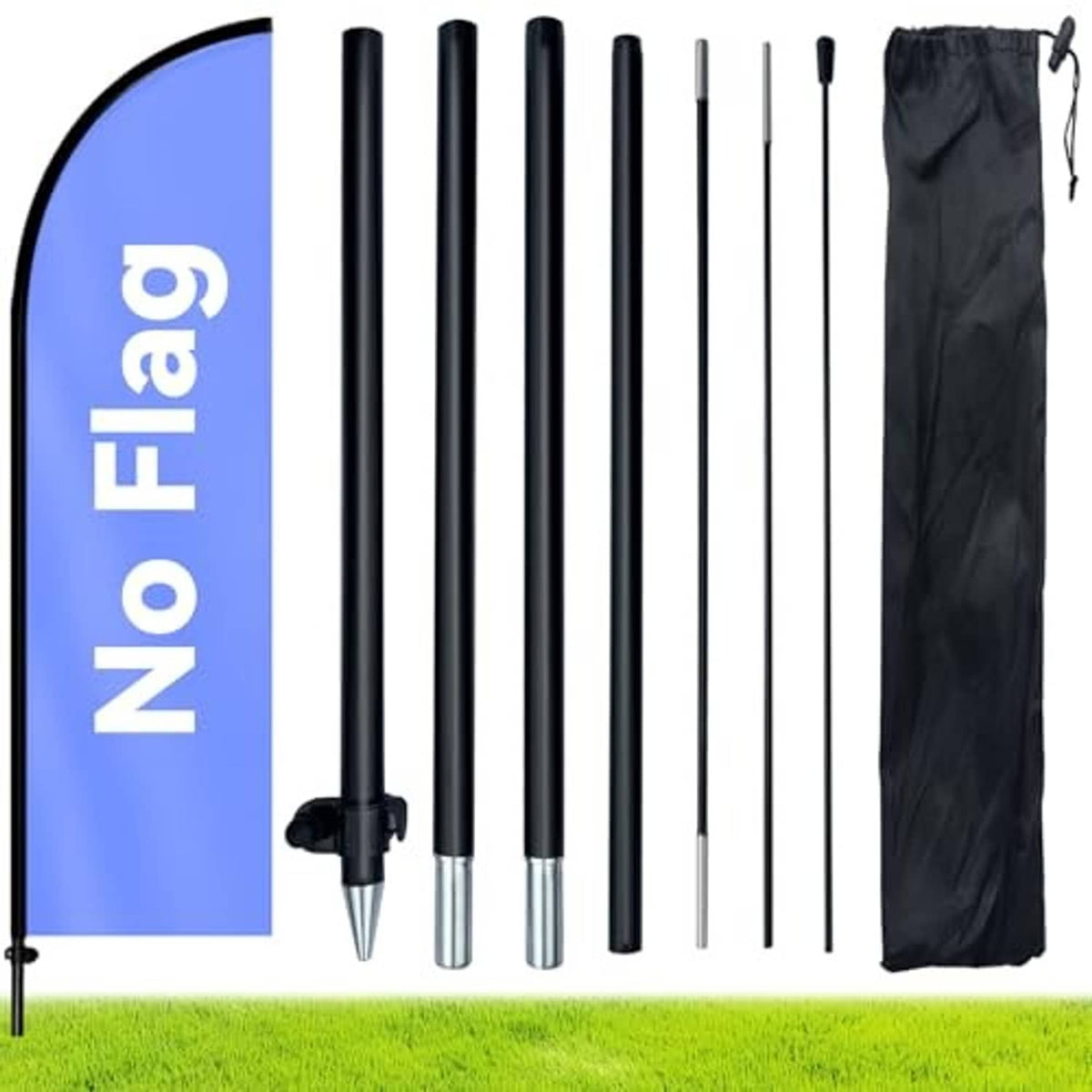 Feather flag pole kit with blue feather flag, poles, ground spike, and carry bag