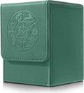 Teal green embossed deck box with front flap and card divider panel, compact square design