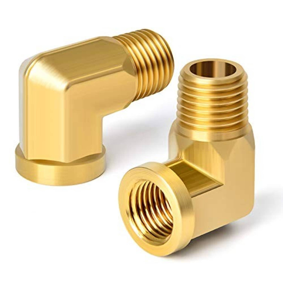 Brass 90-degree elbow pipe fitting with threaded NPT ports, angled view