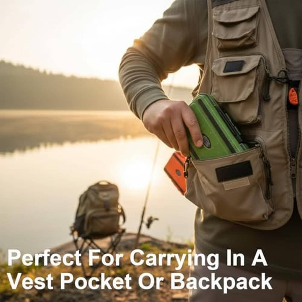 Mini waterproof tackle box, green case with orange trim, carried in a vest pocket