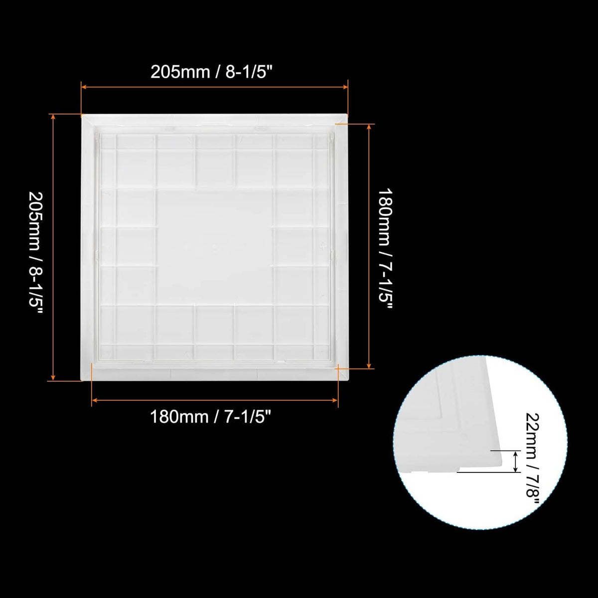 White square hinged access panel with labeled dimensions, 7x7 inch
