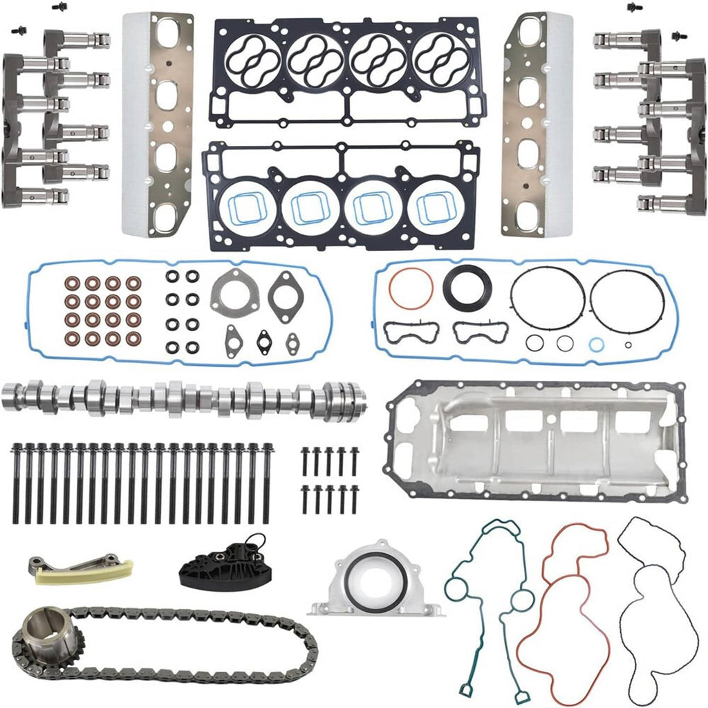 Engine timing and camshaft related parts kit with gaskets, bolts, lifters, and cam components