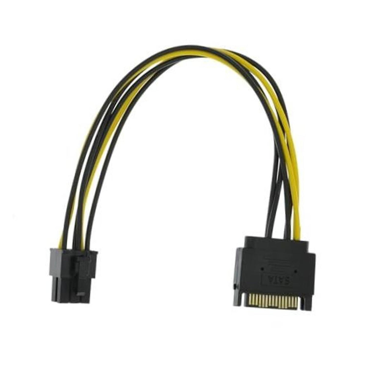 SATA 15-pin to 6-pin power cable with two black connectors and yellow/black wires