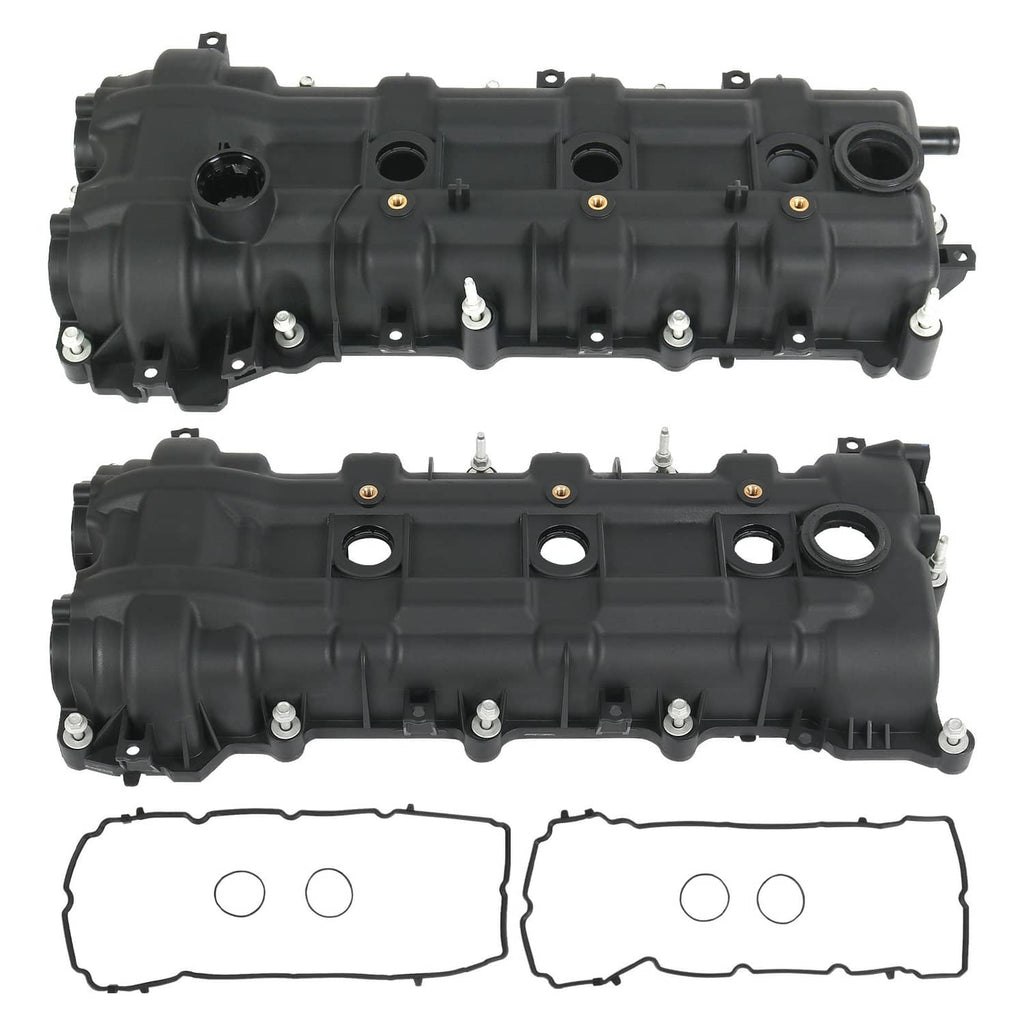 Black valve cover set with gaskets and bolts, showing four intake port openings.