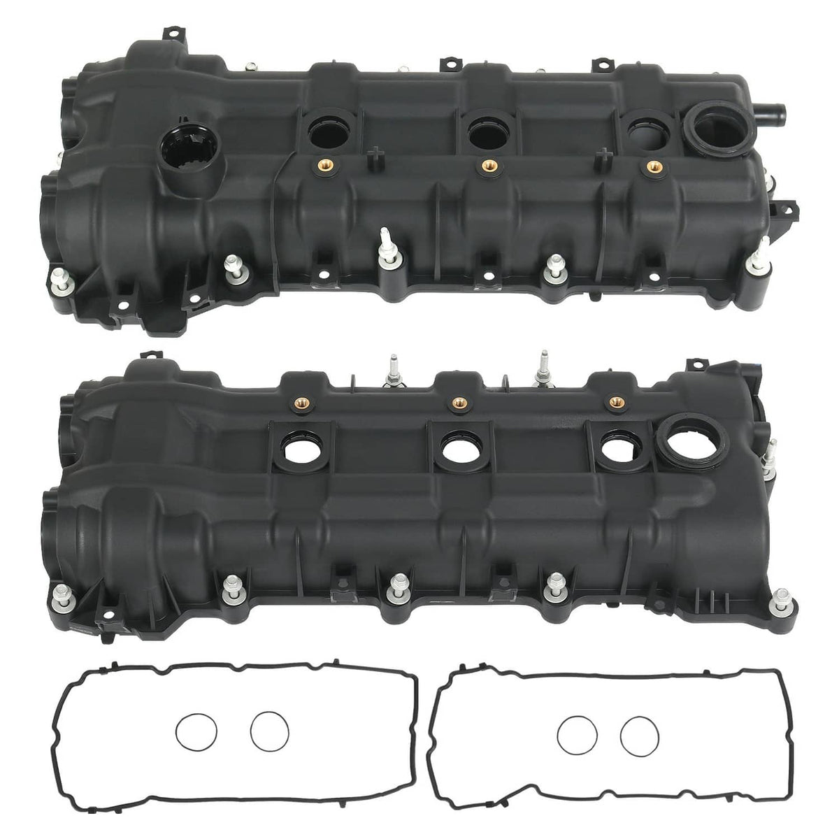 Black valve cover set with gaskets and bolts, showing four intake port openings.