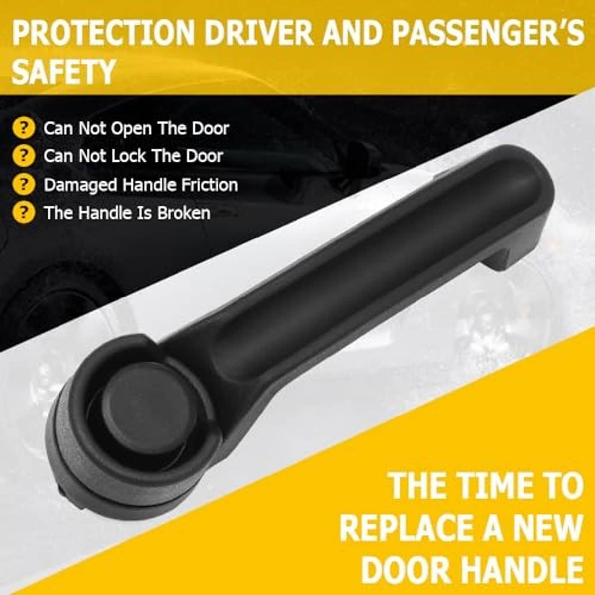Black exterior door handle with circular bezel and sloped comfort grip