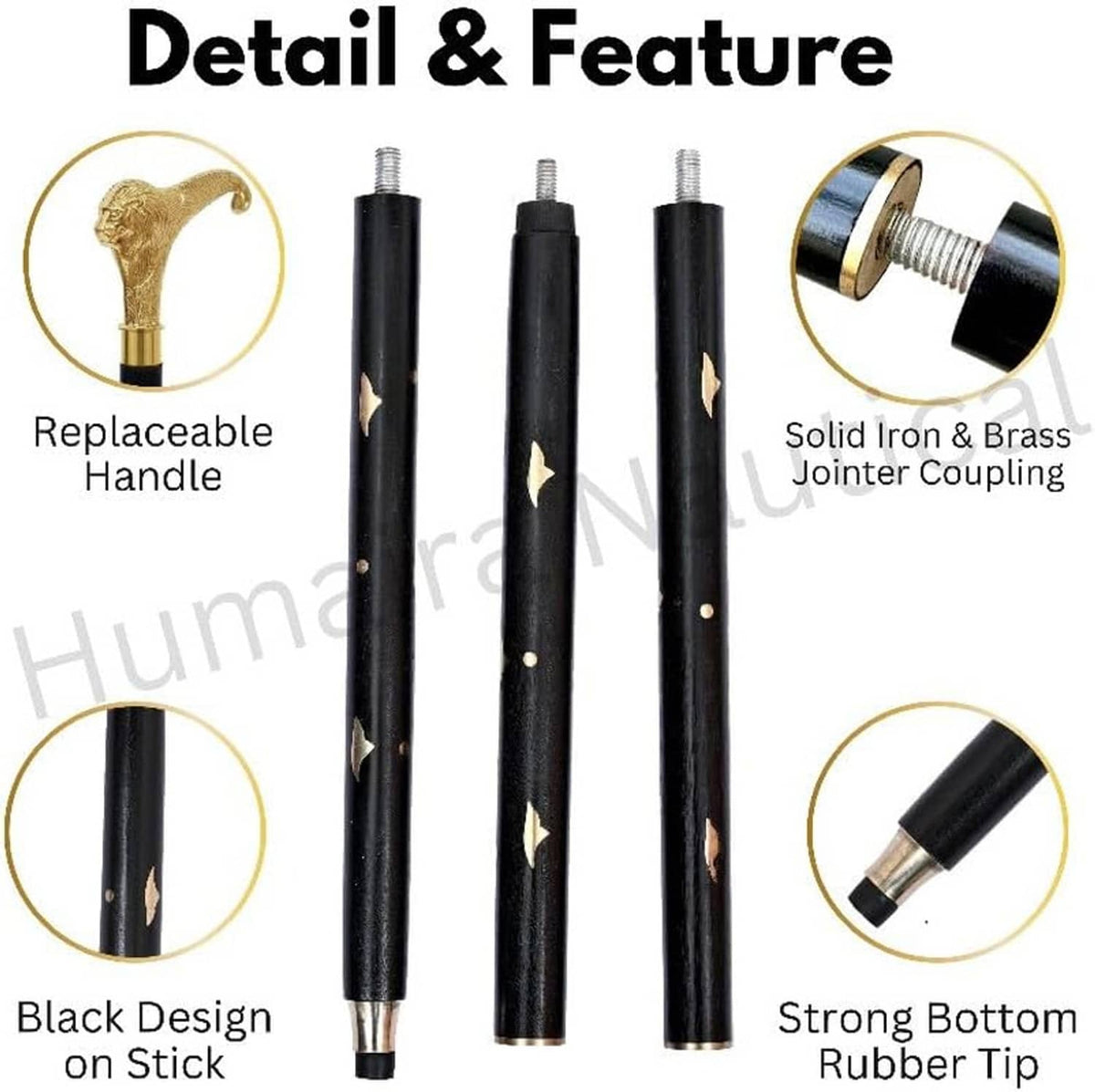 Walking cane detail view: black segments, replaceable handle, gold connector couplings