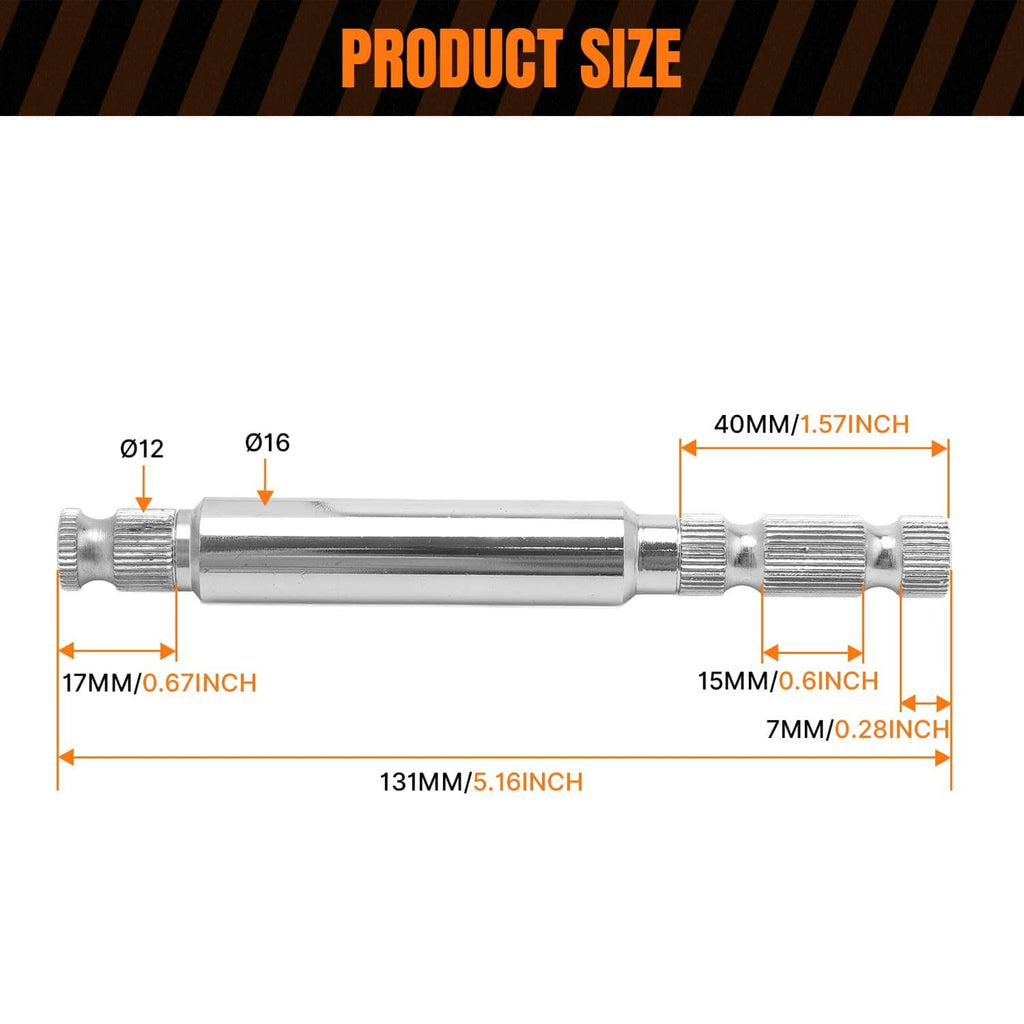 Chrome shifter shaft with knurled ends and central sleeve, shown with size markers