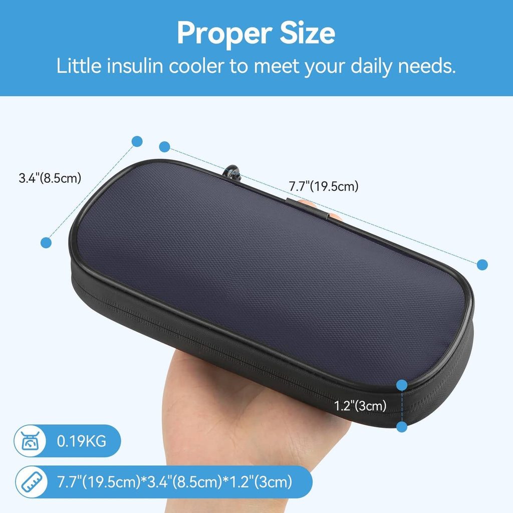 Compact insulin cooler case in dark blue and gray, small zippered oval travel pouch