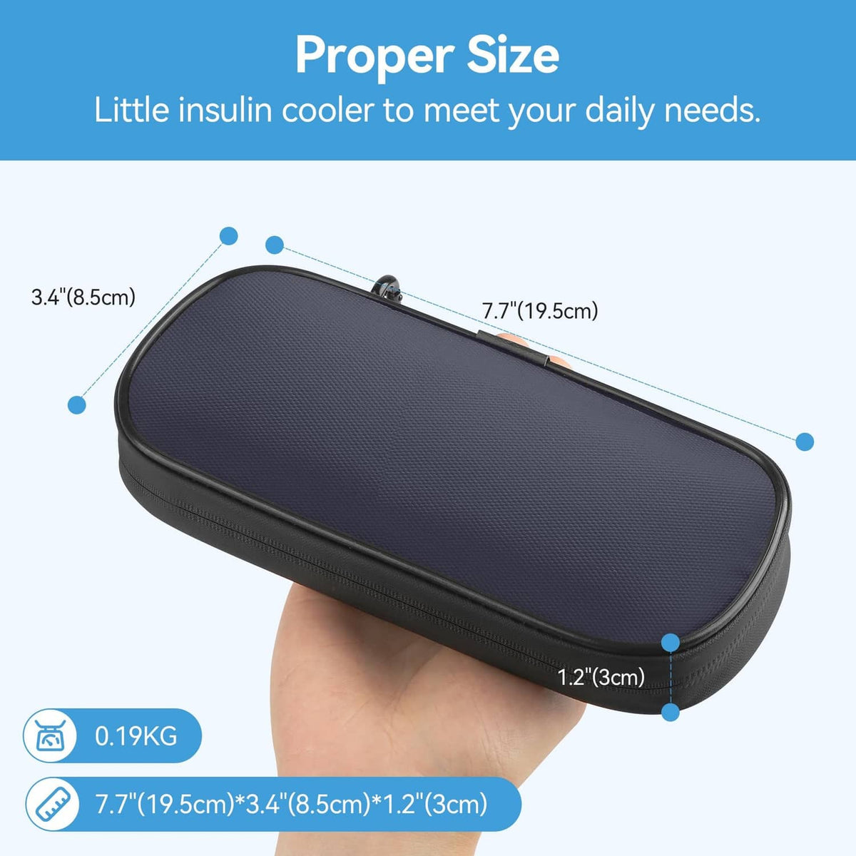 Compact insulin cooler case in dark blue and gray, small zippered oval travel pouch